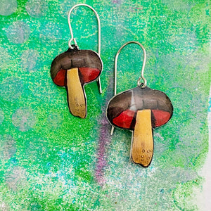 Tiny Red Gilled Mushrooms Upcycled Tin Earrings