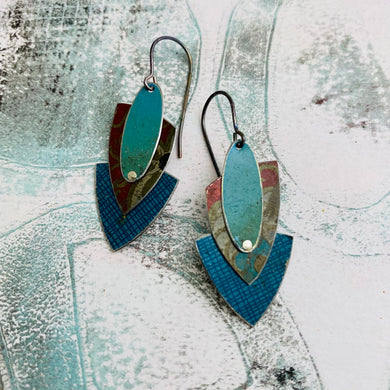 Teal Screen & Rustic Red Reuleaux Triangle Upcycled Teardrop Tin Earrings