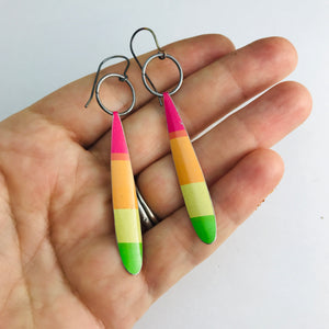 Bright Warms Rainbow Stripe Long Teardrops Upcycled Tin Earrings