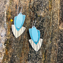 Load image into Gallery viewer, Teal &amp; Cream Reuleaux Triangle Upcycled Teardrop Tin Earrings