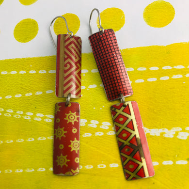 Mixed Red & Gold Patterns Rectangles Tin Earrings