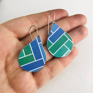 Blue & Green Subway Tile Pattern Upcycled Teardrop Tin Earrings by adaptive reuse jewelry