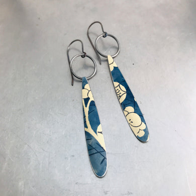 Blue Jean Cherry Blossom Teardrop Tin Earrings