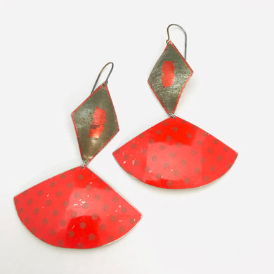 Gunmetal Diamond & Scarlet Polka Dotted Fans Upcycled Tin Fan Earrings