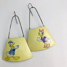 Load image into Gallery viewer, Donald Duck &amp; Daisy on Butter Yellow Recycled Tin Earrings by adaptive reuse jewelry