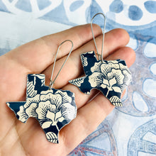 Load image into Gallery viewer, Ecru Blossoms on Midnight Blue Texas Upcycled Tin Earrings