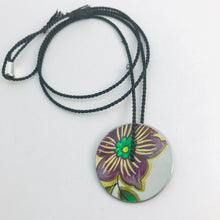 Load image into Gallery viewer, Vintage Purple Flower &amp; Green Leaves Circle Upcycled Tin Flip-Flop Necklace