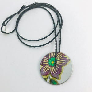 Vintage Purple Flower & Green Leaves Circle Upcycled Tin Flip-Flop Necklace