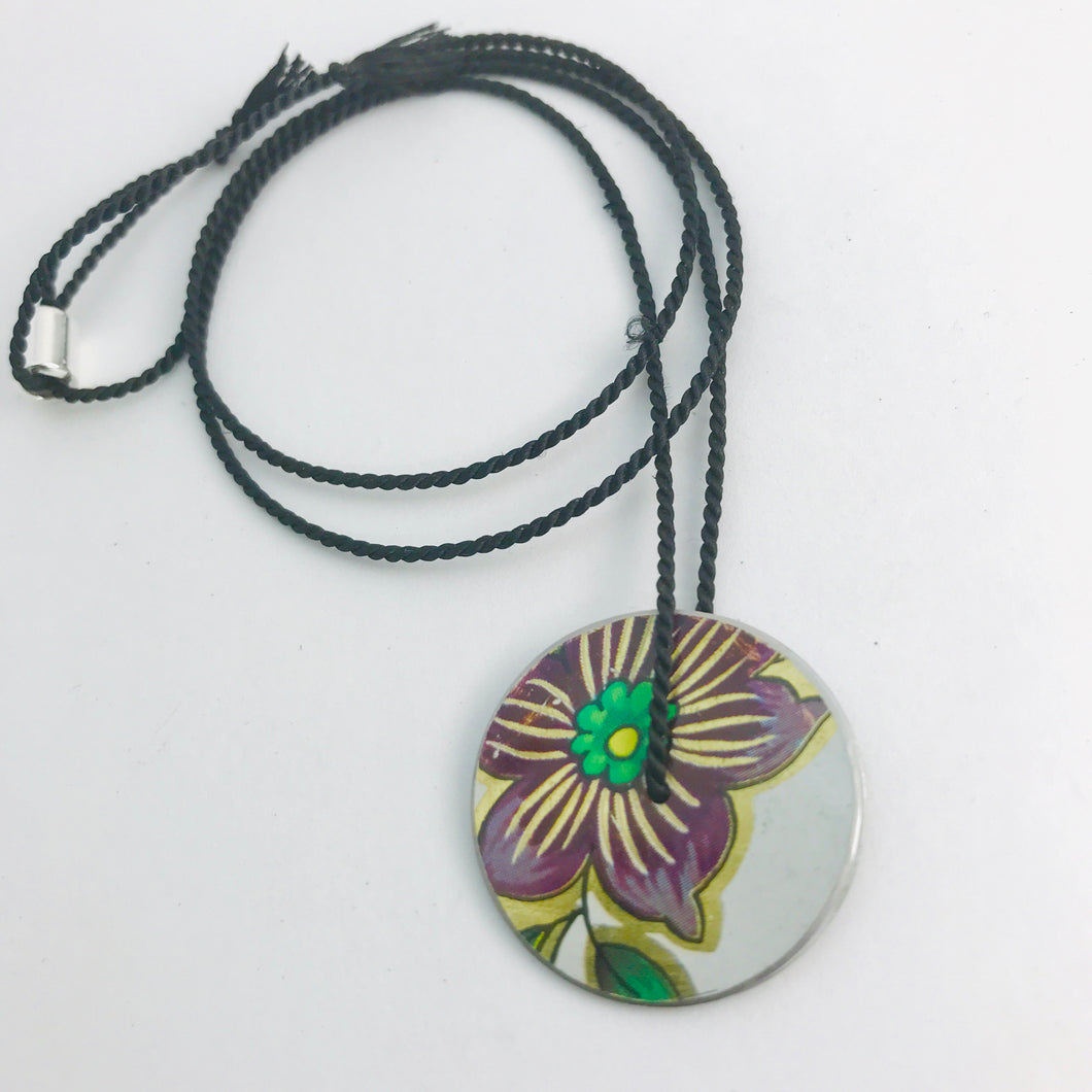Vintage Purple Flower & Green Leaves Circle Upcycled Tin Flip-Flop Necklace