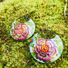 Load image into Gallery viewer, Red Violet Blossoms Circles Upcycled Tin Earrings
