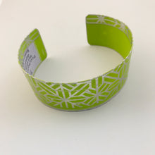 Load image into Gallery viewer, Geometric Silver Pattern On Spring Green Upcycled Tin Cuff