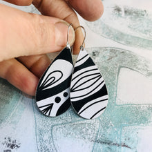 Load image into Gallery viewer, Black and White Doodle Upcycled Teardrop Tin Earrings