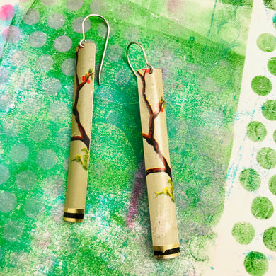 Vintage Flowering Trees in Muted Sea foam Narrow Rectangle Tin Earrings