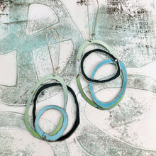 Load image into Gallery viewer, Pale Green, Midnight and &amp; Sky Scribbles Upcycled Tin Earrings