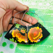 Load image into Gallery viewer, Bright Orange Flowers Upcycled Tin Long Fans Earrings