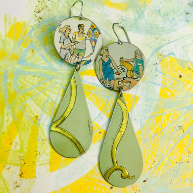 Kite Flying & Picnics Upcycled Tin Long Teardrop Earrings