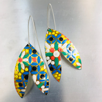 Multicolored Mosaic Upcycled Tin Double Leaf Earrings