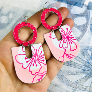 Pink Hibiscus Chunky Horseshoes Zero Waste Tin Earrings