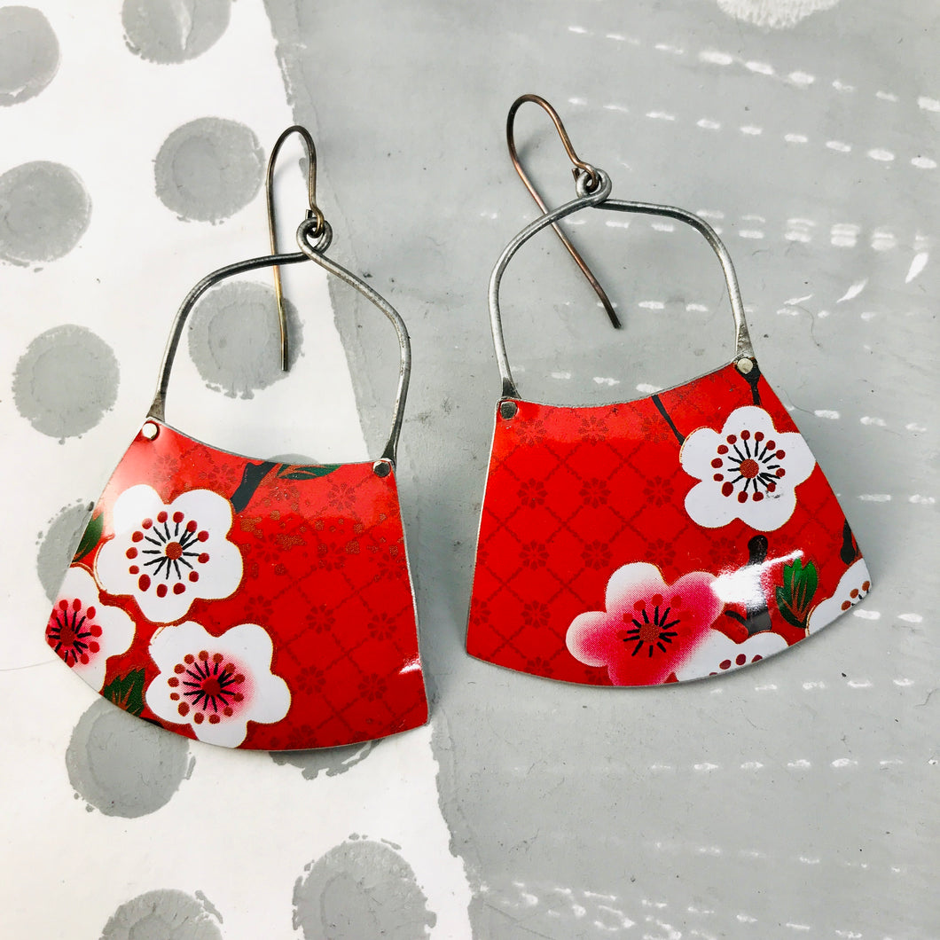 Cherry Blossoms on Red Zero Waste Tin Earrings