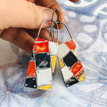 Load image into Gallery viewer, Black, White, Red &amp; Pops of Yellow Tesserae Arched Wire Tin Earrings