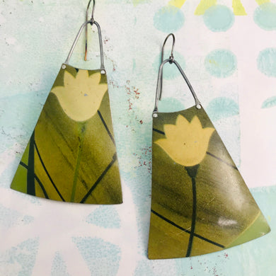 Big Pale Yellow Flowers Upcycled Tin Long Fans Earrings