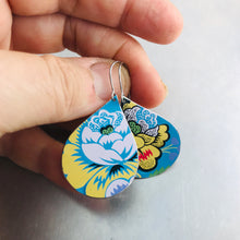 Load image into Gallery viewer, Stylized Flowers on Bright Blue Upcycled Teardrop Tin Earrings