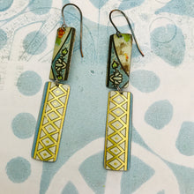 Load image into Gallery viewer, Golden Lattice &amp; Vintage Blues Rectangles Recycled Tin Earrings