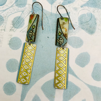 Golden Lattice & Vintage Blues Rectangles Recycled Tin Earrings