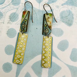 Golden Lattice & Vintage Blues Rectangles Recycled Tin Earrings