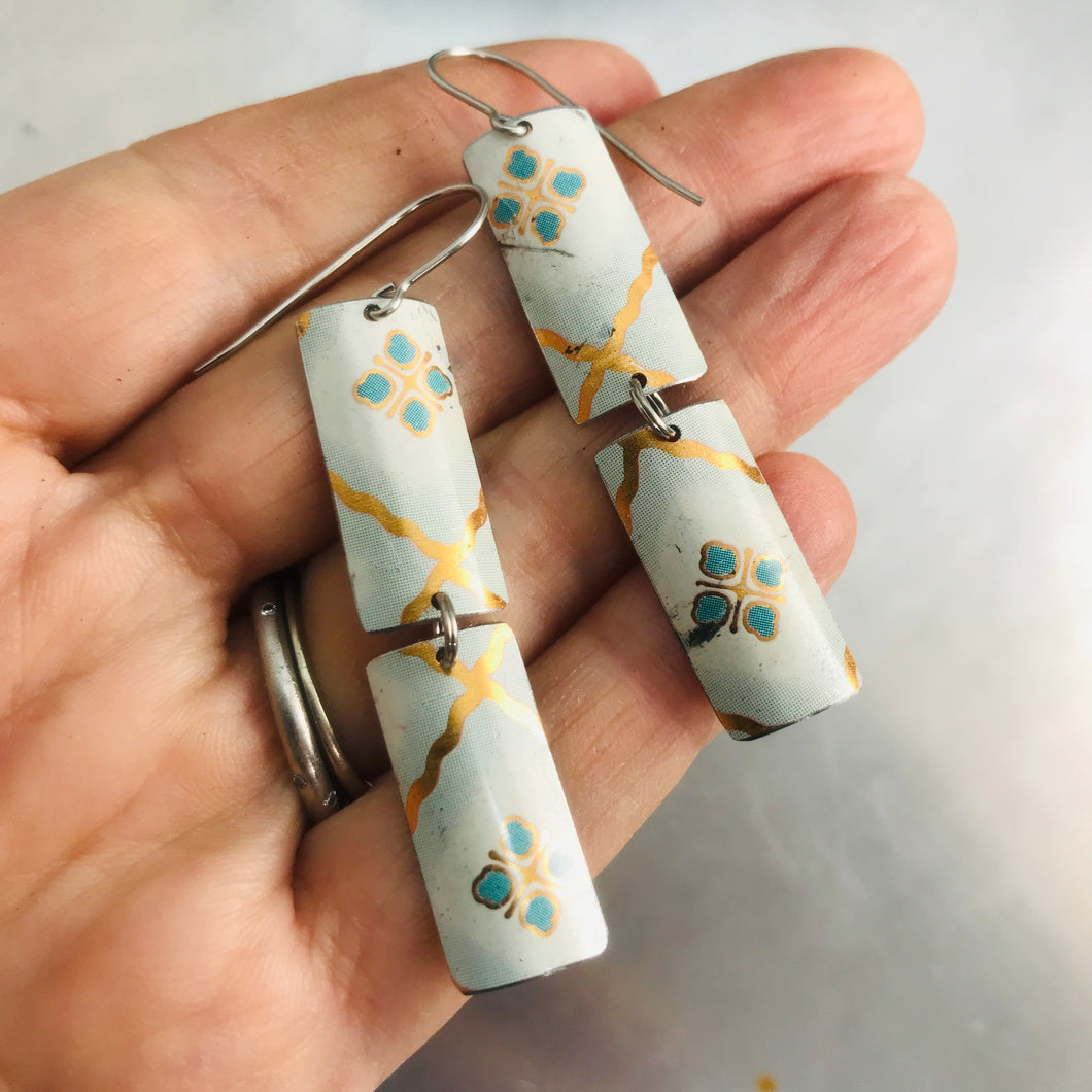 Copy of White, Gold & Teal Rectangles Tin Earrings