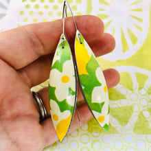Load image into Gallery viewer, Spring Green White Flowers Long Pods Upcycled Tin Leaf Earrings