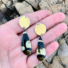 Load image into Gallery viewer, Vintage Black and Golden Discs Upcycled Teardrop Tin Earrings