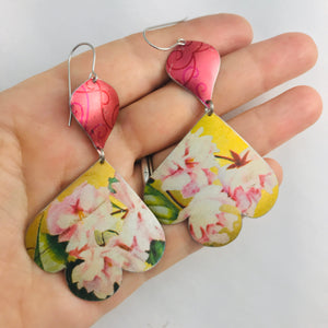 Pink Peonies on Gold Trefoil Upcyled Tin Earrings
