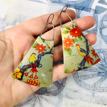 Load image into Gallery viewer, Bright Scarlet Blossoms &amp; Birds Upcycled Tin Long Fans Earrings