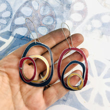 Load image into Gallery viewer, Gold, Twilight &amp; Carmine Scribbles Upcycled Tin Earrings