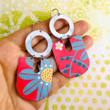 Load image into Gallery viewer, Big Blue Flower on Pink Chunky Horseshoes Zero Waste Tin Earrings