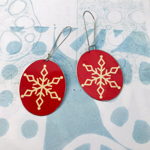 Creamy Snowflakes on Red Large Ovals Tin Earrings