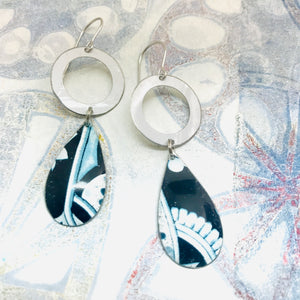 Dark Dark Blue & White Upcycled Teardrop Tin Earrings