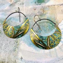 Load image into Gallery viewer, Teal &amp; Gold Crescent Circles Upcycled Tin Earrings