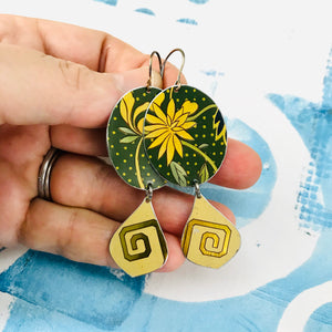 Yellow Flowers on Green Ovals Tin Earrings