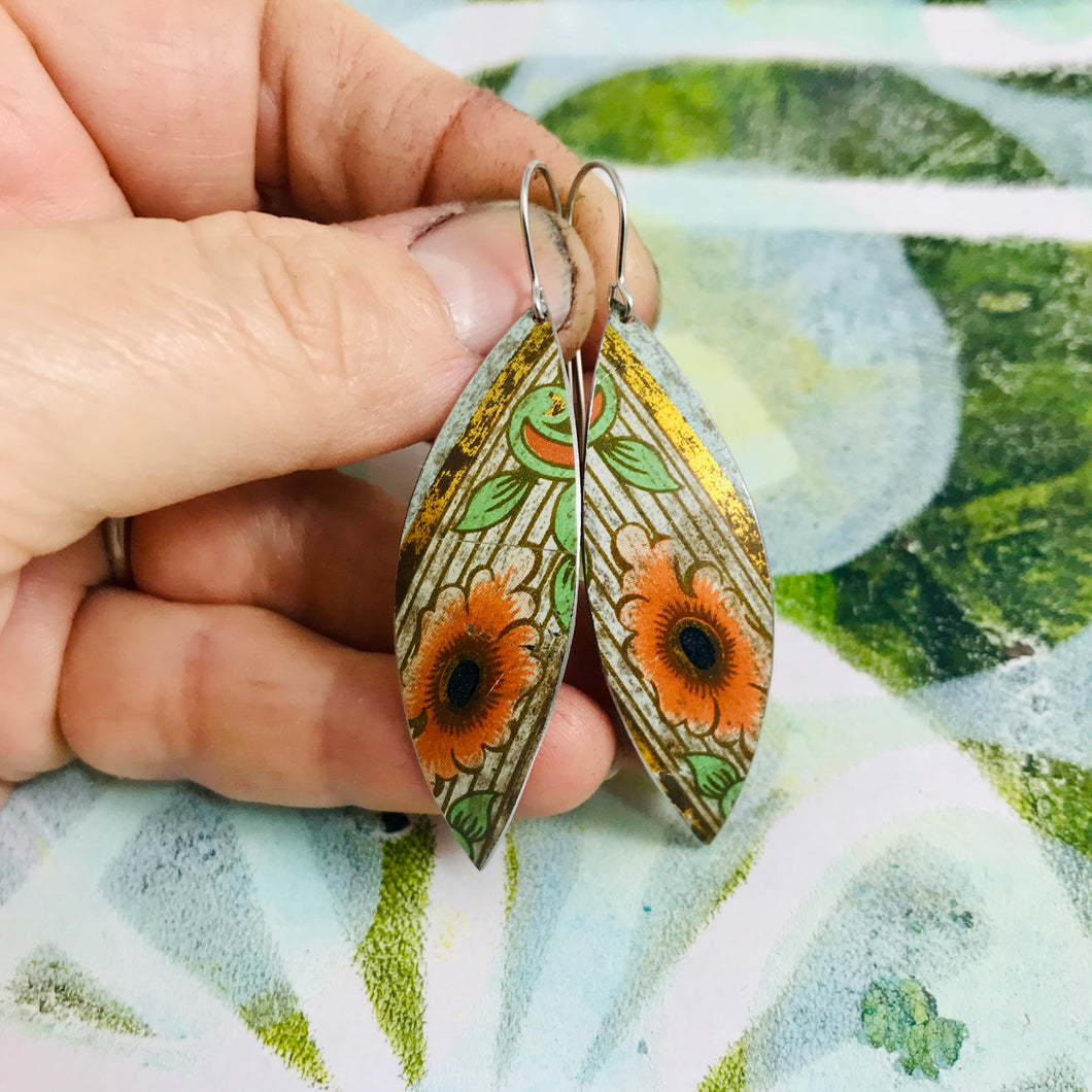 Vintage Orange Flowers Little Leaf Shape Tin Earrings