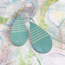 Load image into Gallery viewer, Soft Aqua White Lines Upcycled Teardrop Tin Earrings
