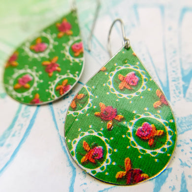 Tiny Roses & Doilies Upcycled Teardrop Tin Earrings
