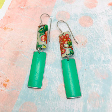 Vintage Pink Flowers & Medium Green Recycled Tin Earrings