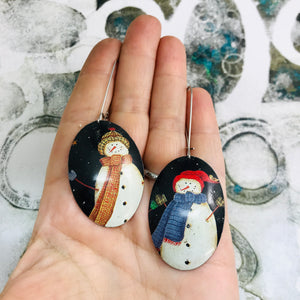 RESERVED Rustic Snowmen Large Ovals Tin Earrings