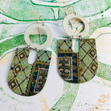 Load image into Gallery viewer, Vintage Golden Harlequins on Sage Chunky Horseshoes Zero Waste Tin Earrings