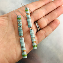 Load image into Gallery viewer, Vintage Aqua Narrow Rectangle Tin Earrings