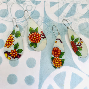 Vintage Bright Blossoms Upcycled Narrow Teardrop Tin Earrings