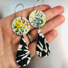 Load image into Gallery viewer, Vintage Flowers and Black Tin Long Teardrops Earrings