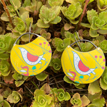 Load image into Gallery viewer, Mod Birds on Goldenrod Crescent Circles Upcycled Tin Earrings